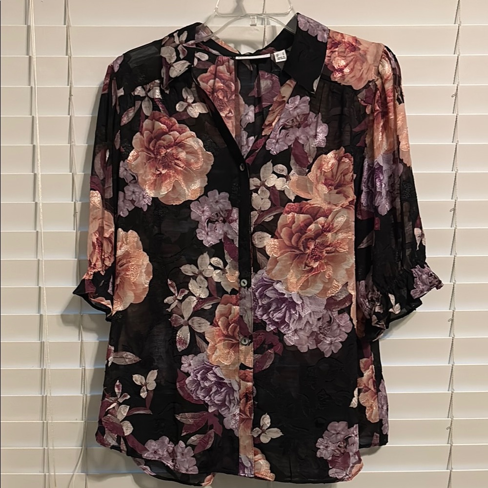 New Without Tag Susan Graver Floral Button-Up Blouse - Med Black Pink & Purple